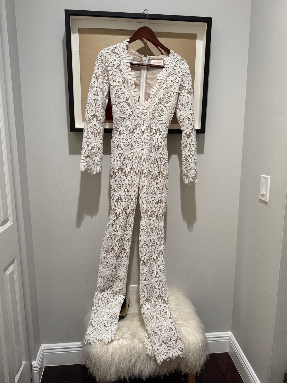 Stone Cold Fox Ivory Crochet Lace V-Neck Long-Sleeve Jumpsuit